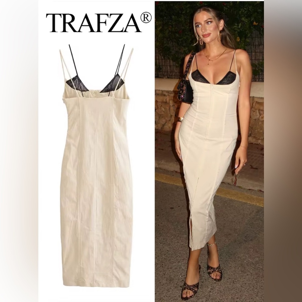 ZARA MIDI DRESS WITH CONTRAST LACE STRAPPY ECRU
